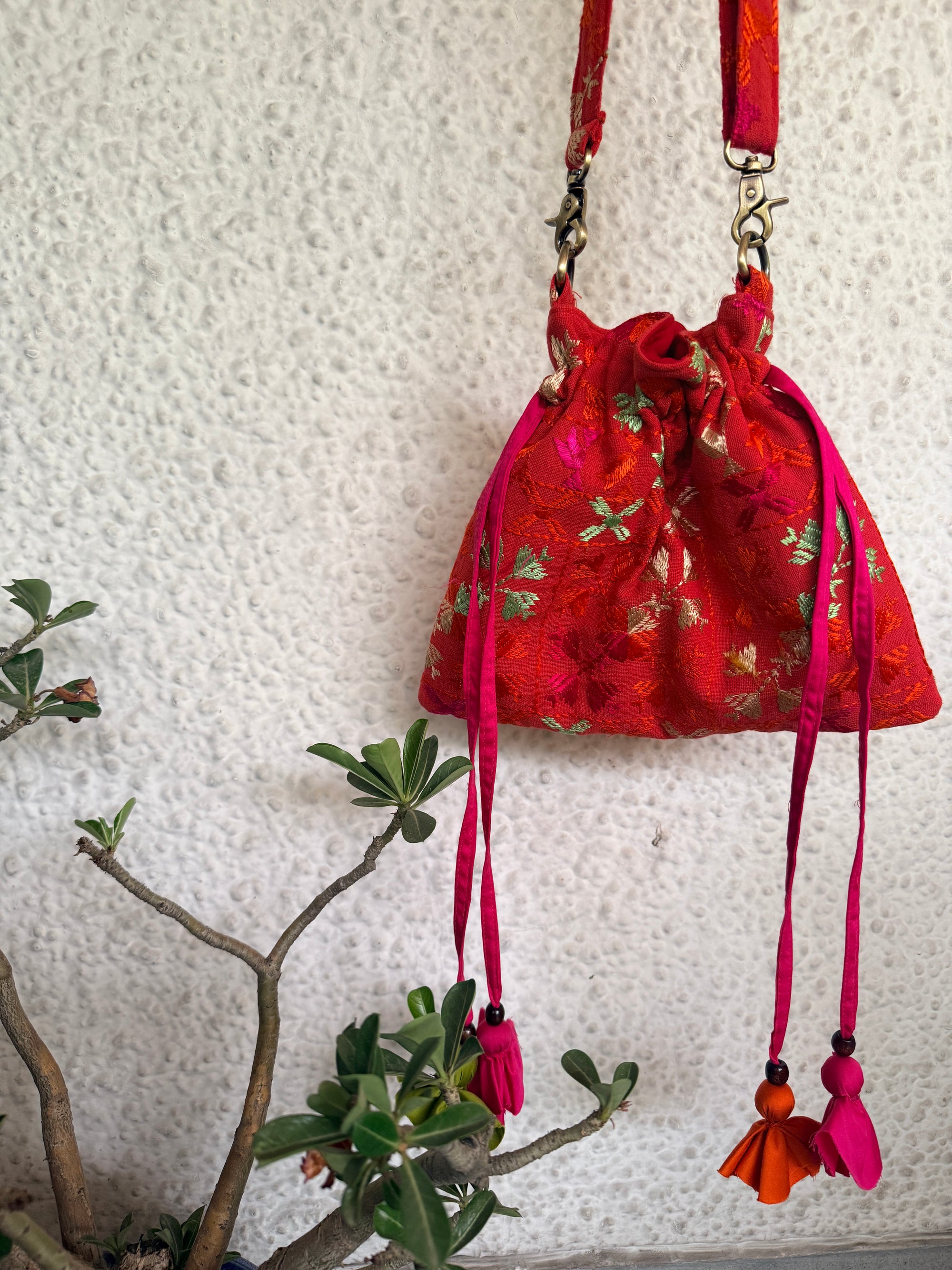 Phulkari Potli Bag~Dark Pink
