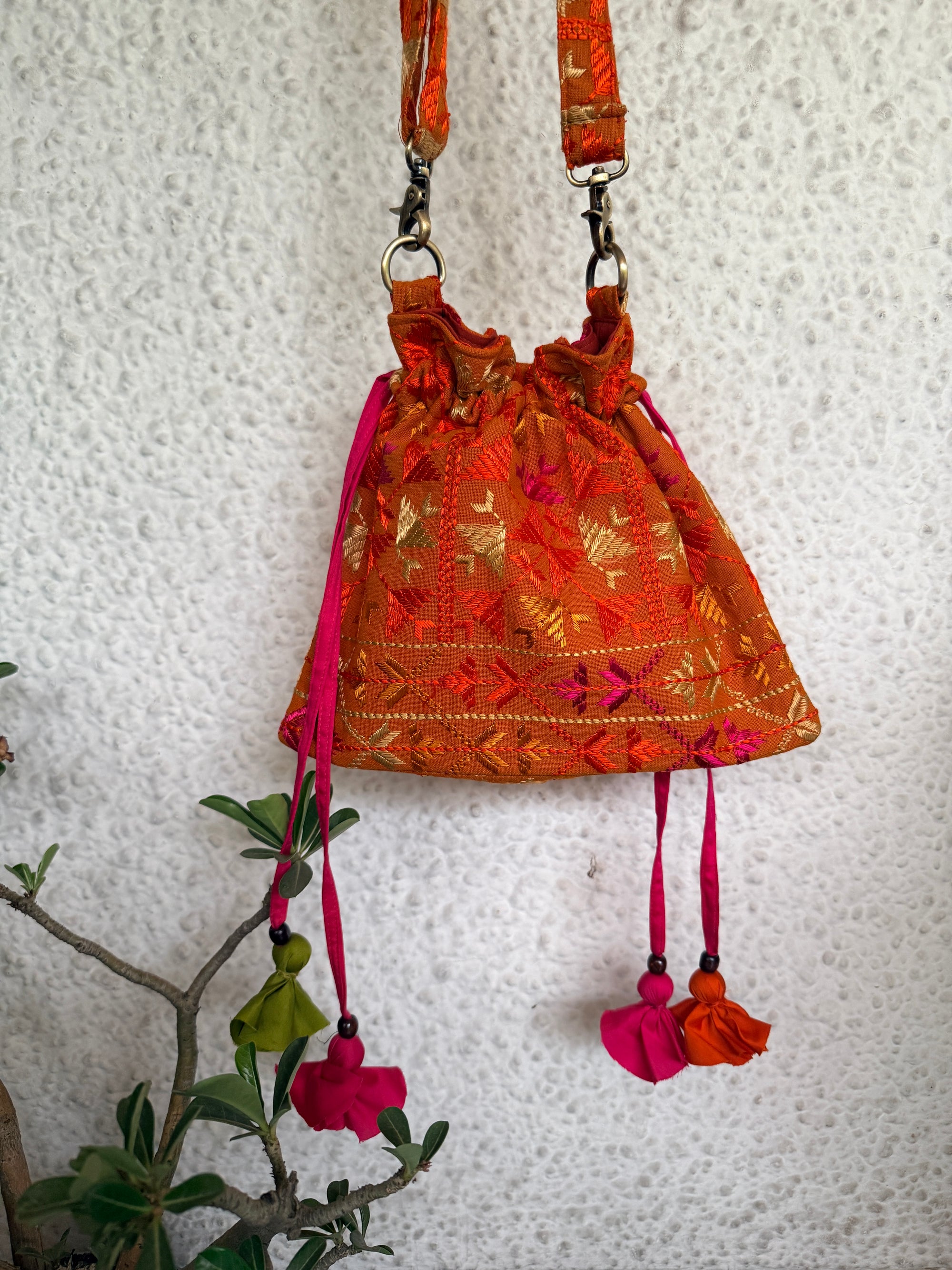 Phulkari Potli Bag~Mustard
