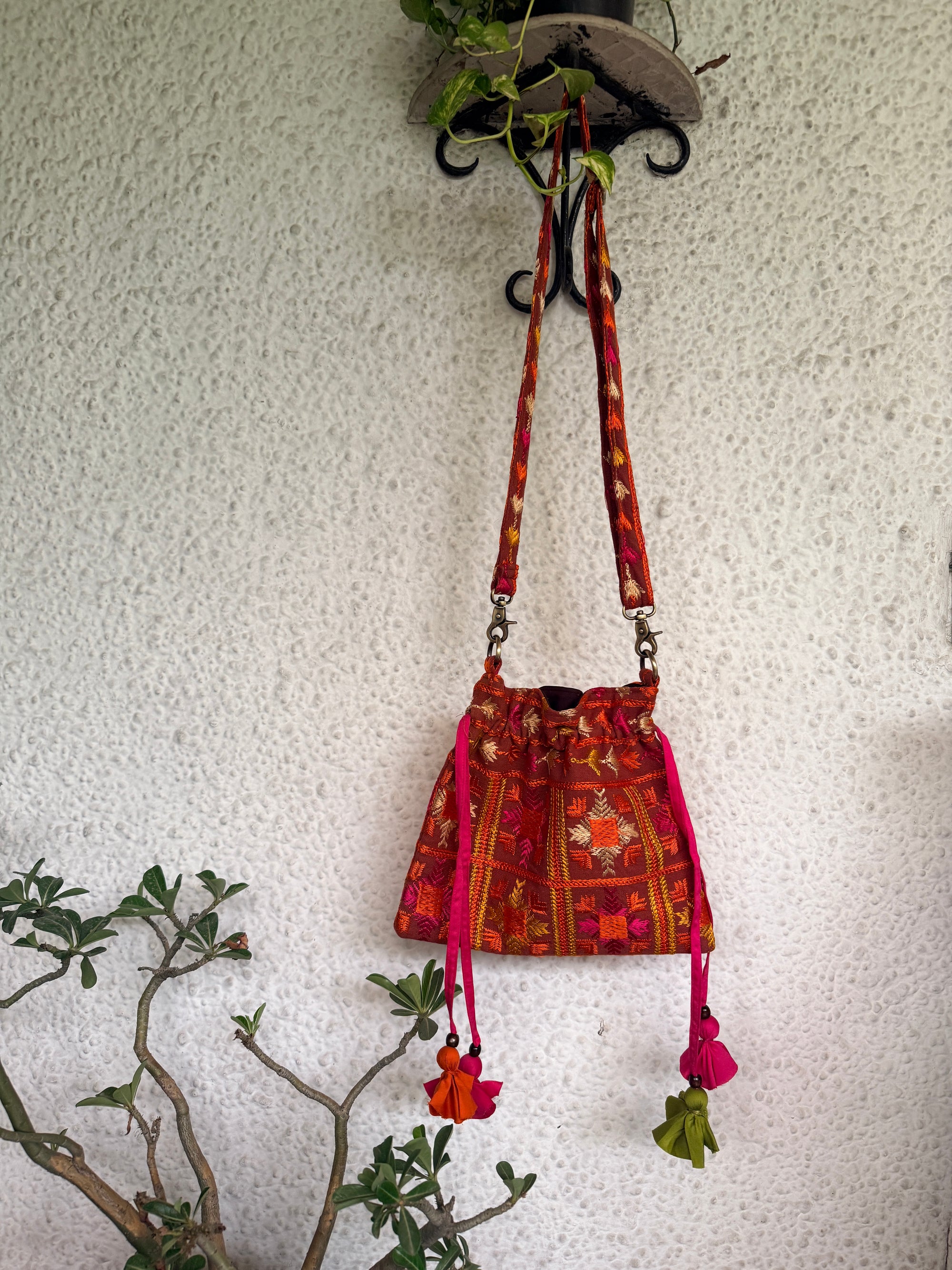 Phulkari Potli Bag~Maroon