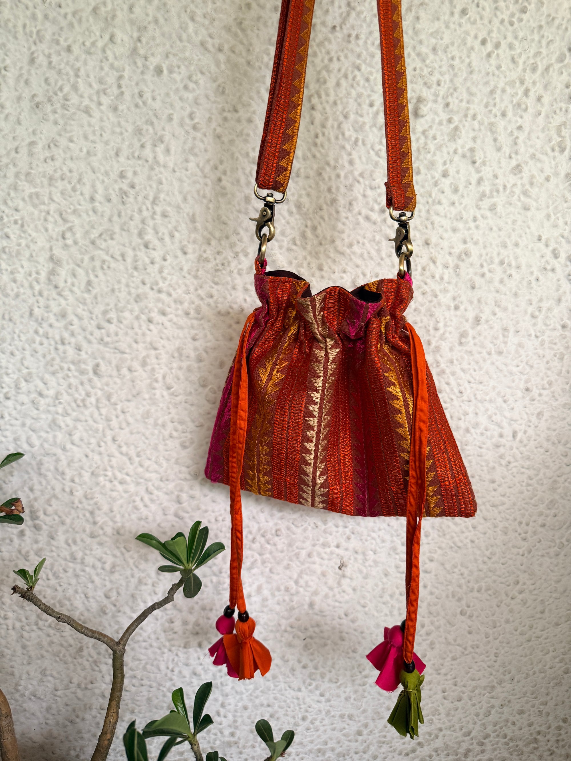 Phulkari Potli Bag~Rust Stripe