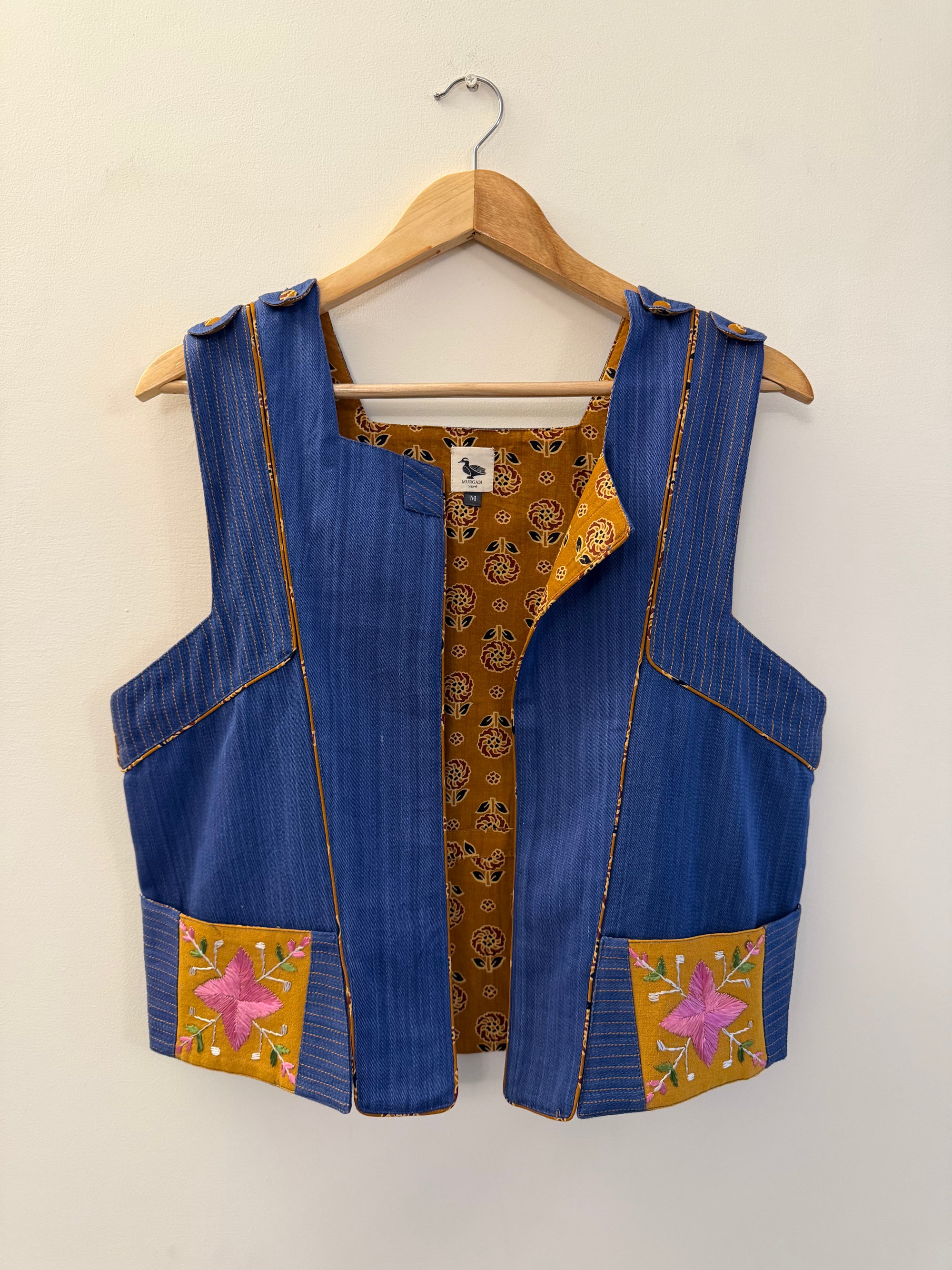 Embroidered Phulkari On Khadi Denim Sleeveless Jacket