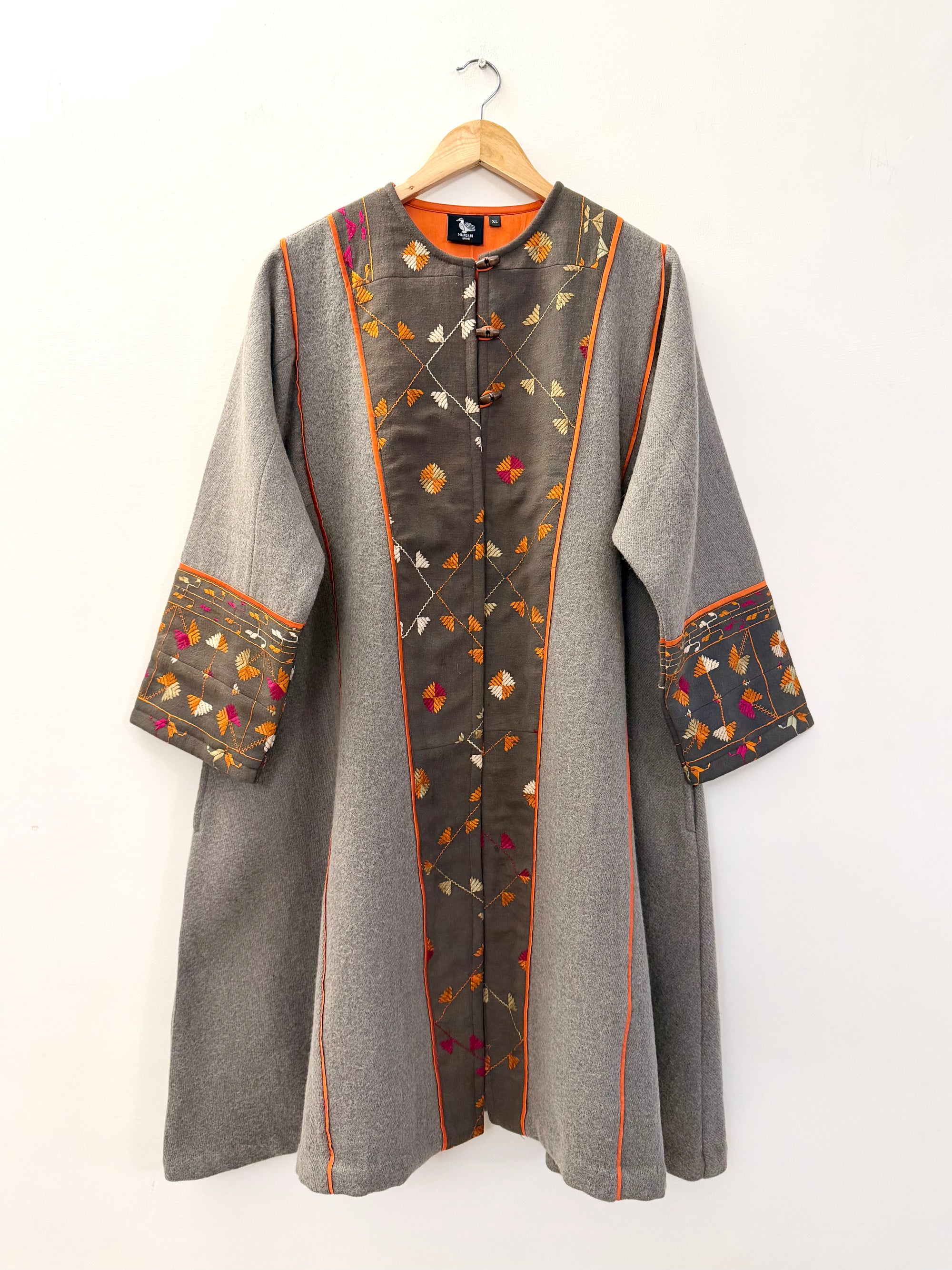 Embroidered A-line sheep wool Coat - Phulkari on Dark Grey Khaddar