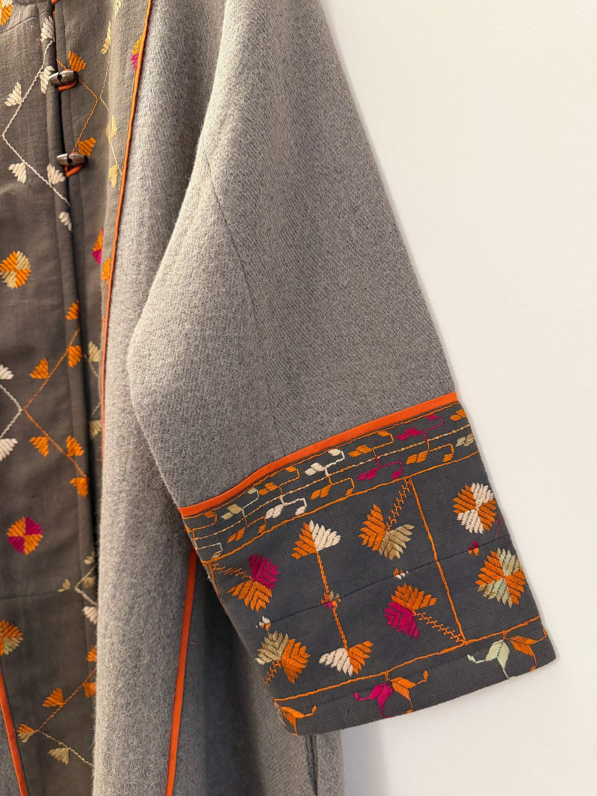 Embroidered A-line sheep wool Coat - Phulkari on Dark Grey Khaddar