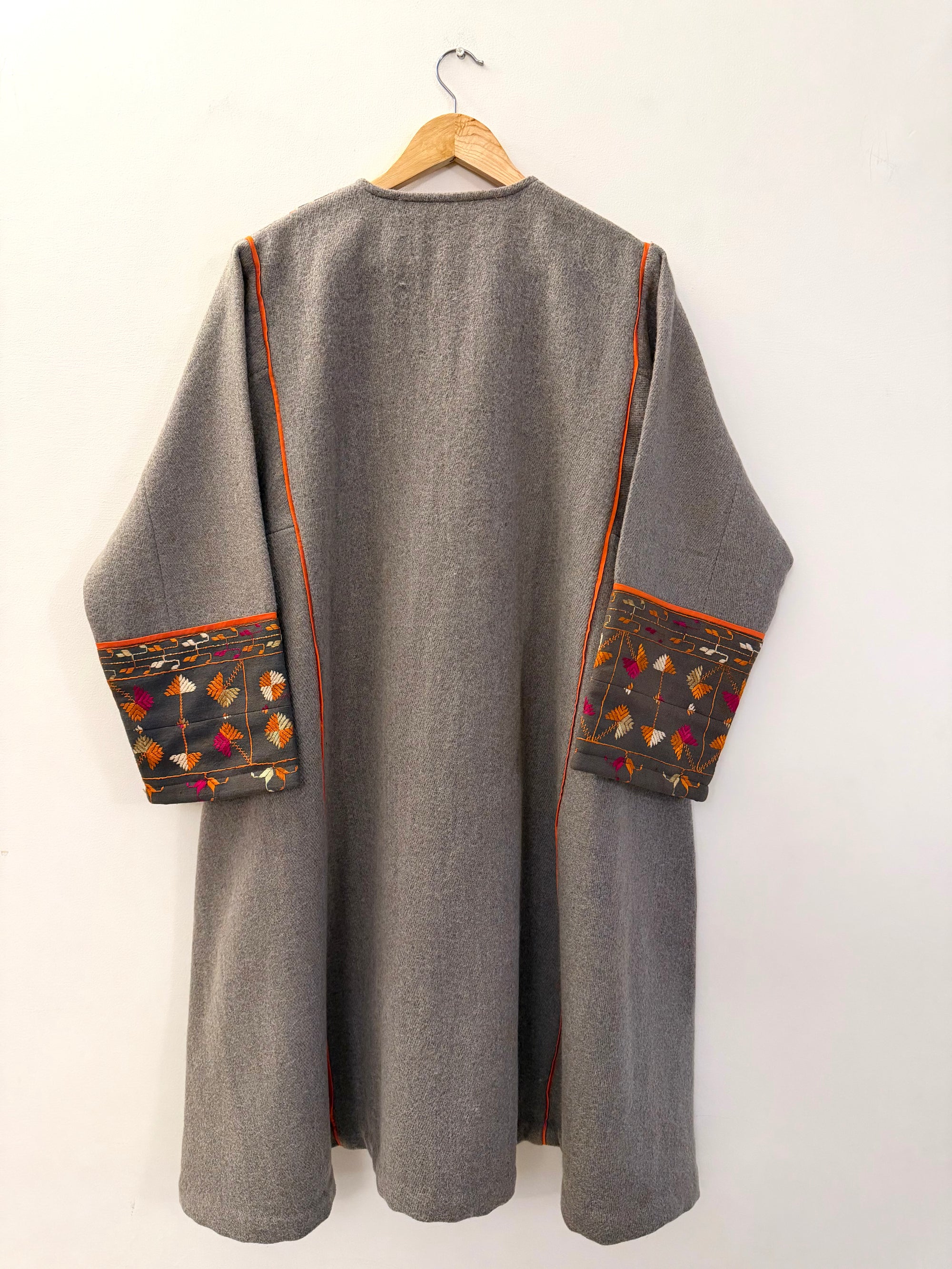 Embroidered A-line sheep wool Coat - Phulkari on Dark Grey Khaddar