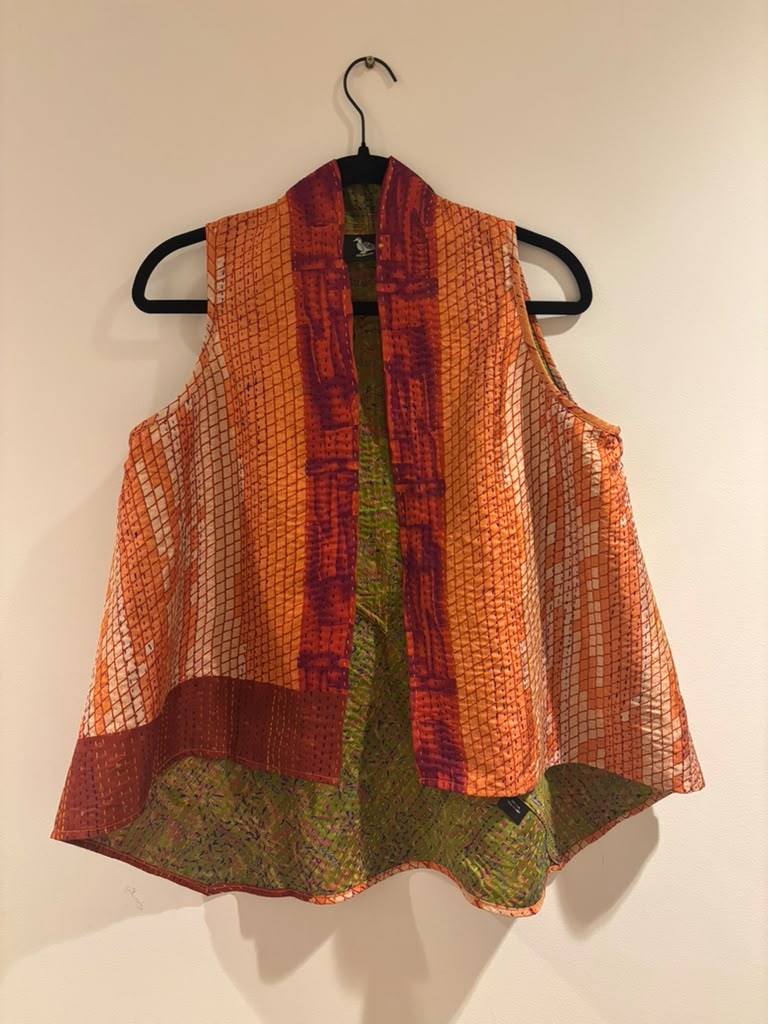 Kantha Silk Patchwork Overlay-OrangeRedGreen(M)