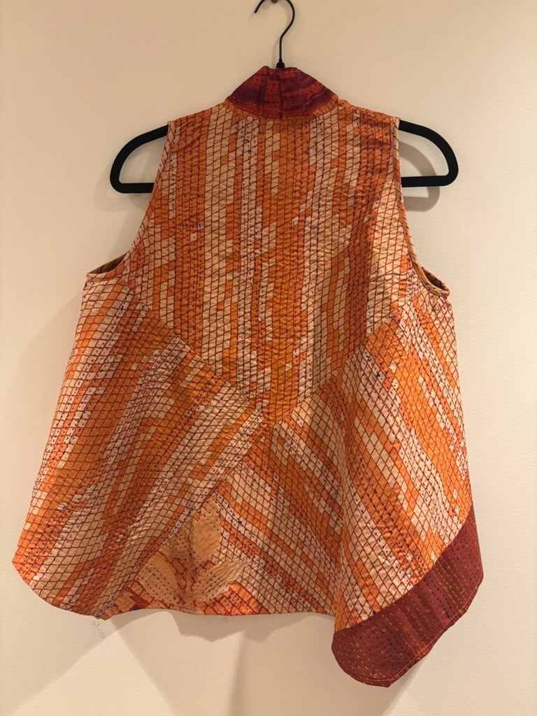 Kantha Silk Patchwork Overlay-OrangeRedGreen(M)