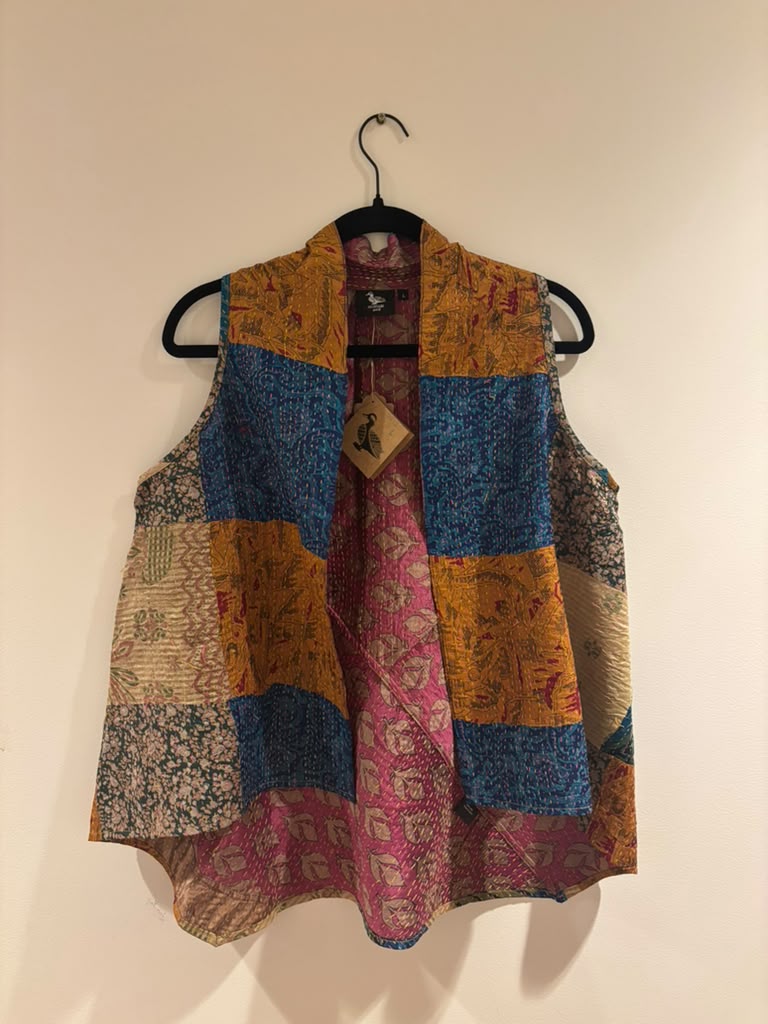 Kantha Silk Patchwork Overlay-Blue,Mustard,Pink(L)