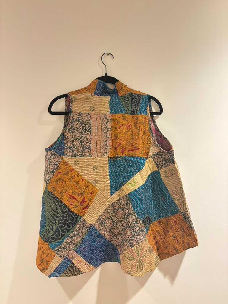 Kantha Silk Patchwork Overlay-Blue,Mustard,Pink(L)