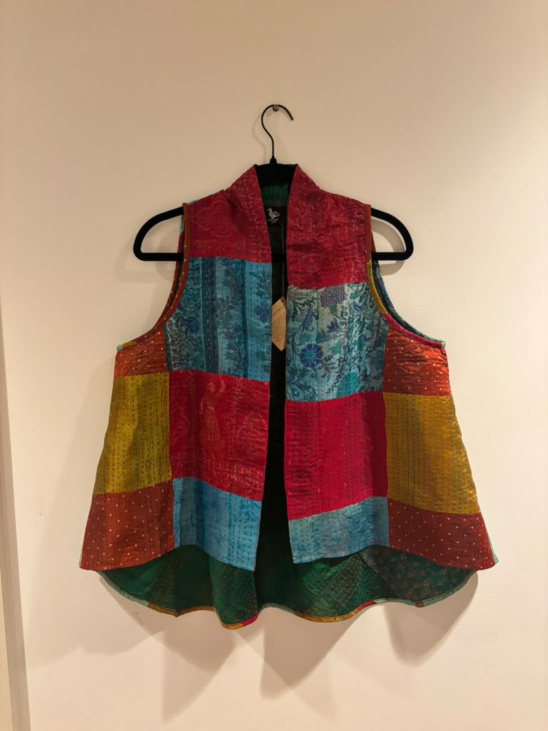 Kantha Silk Patchwork Overlay-BlueRedMustard(L)