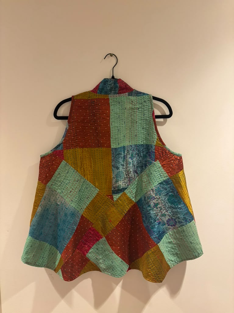 Kantha Silk Patchwork Overlay-BlueRedMustard(L)