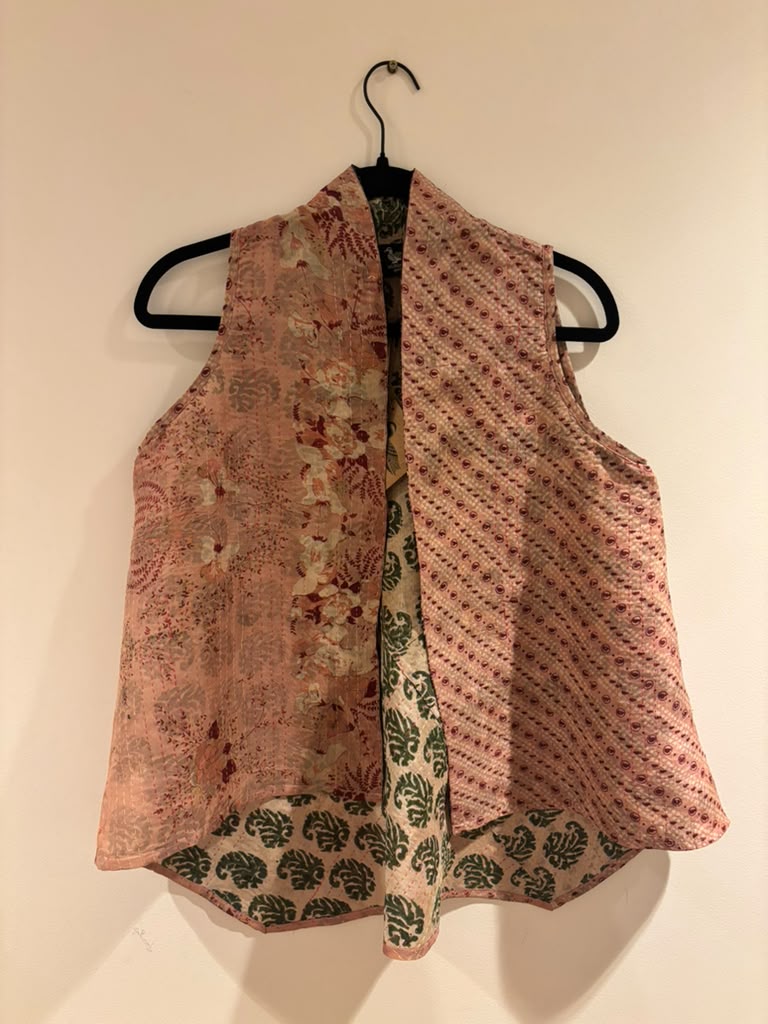 Kantha Silk Patchwork Overlay-PeachGreen(M)