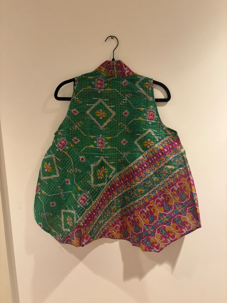 Kantha Silk Patchwork Overlay-GreenRed (M)