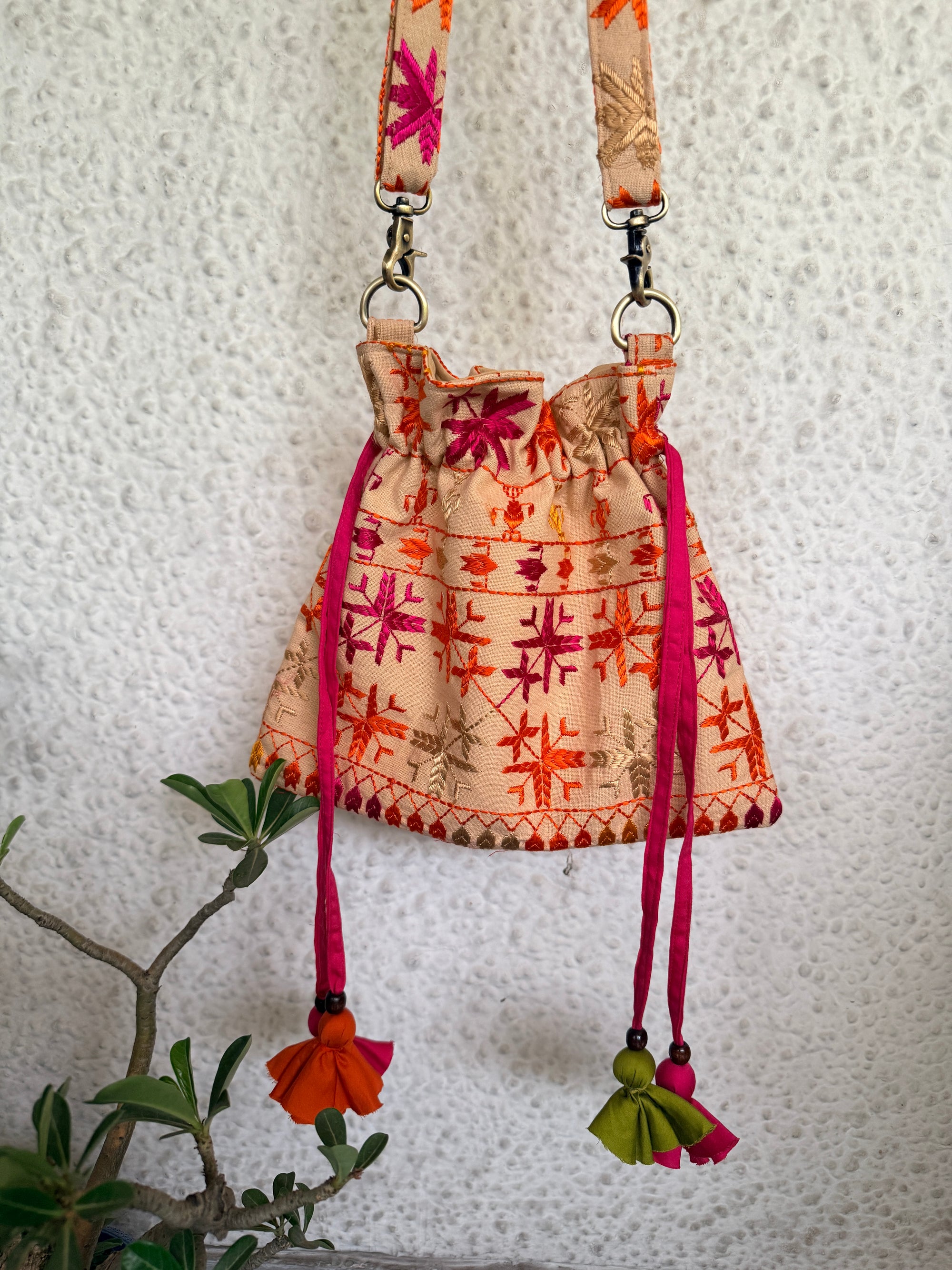 Phulkari Potli Bag~Cream