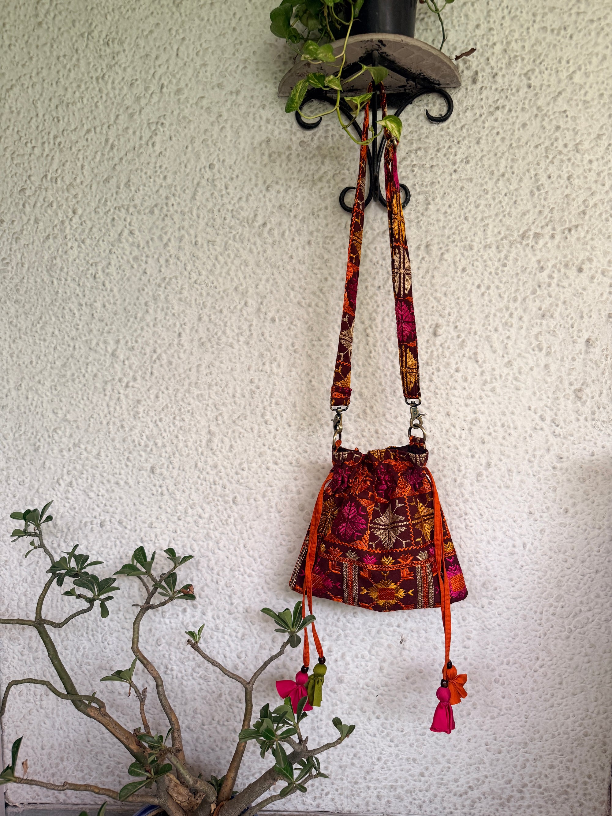 Phulkari Potli Bag~Chocolate Brown