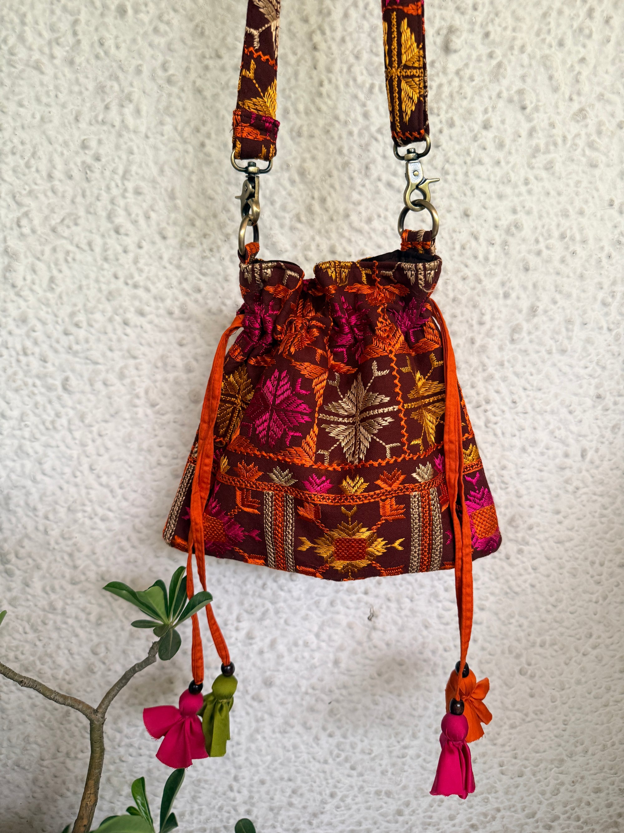 Phulkari Potli Bag~Chocolate Brown