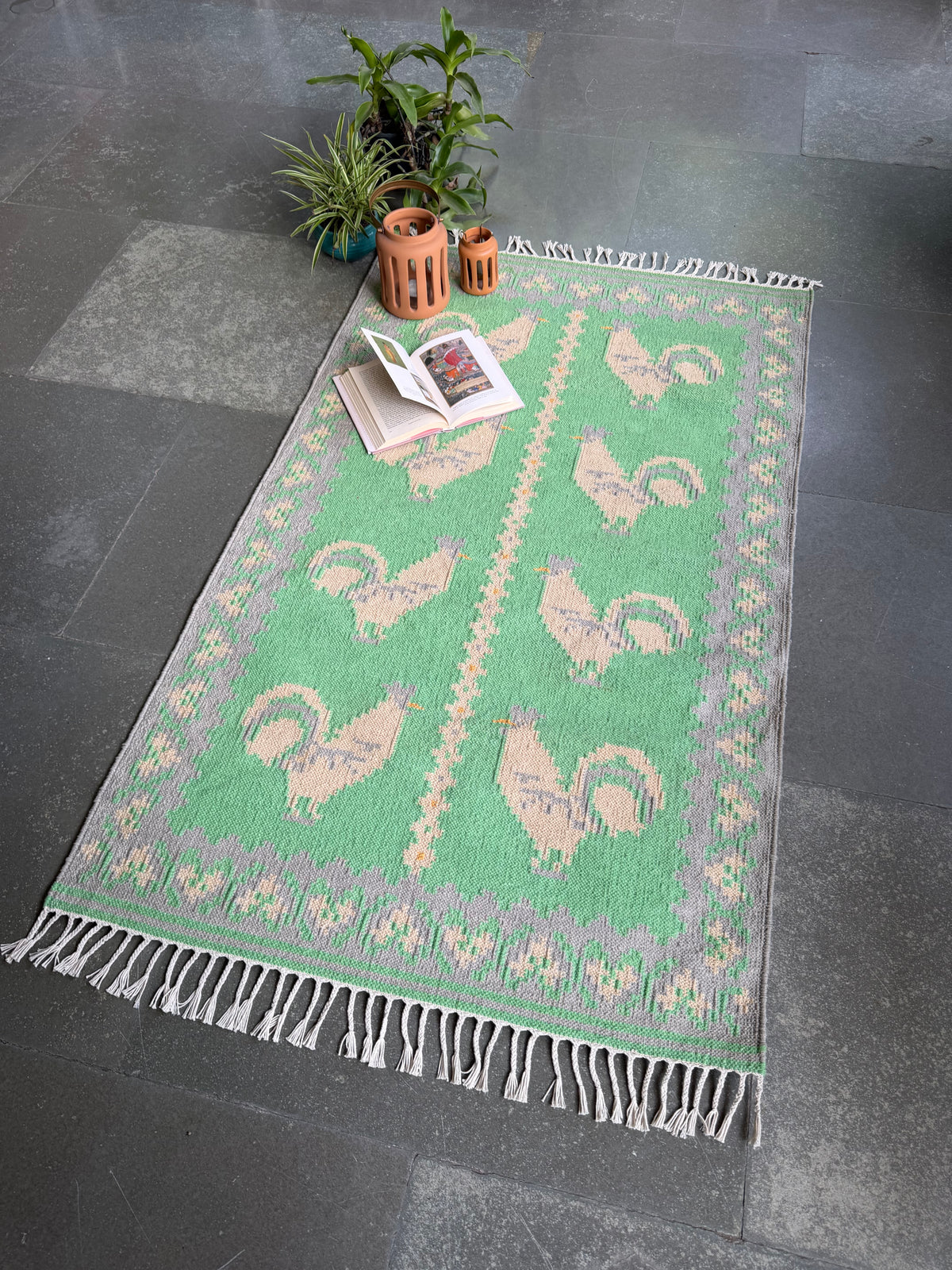 Rising Rooster Durrie ~ Grey&amp;Green