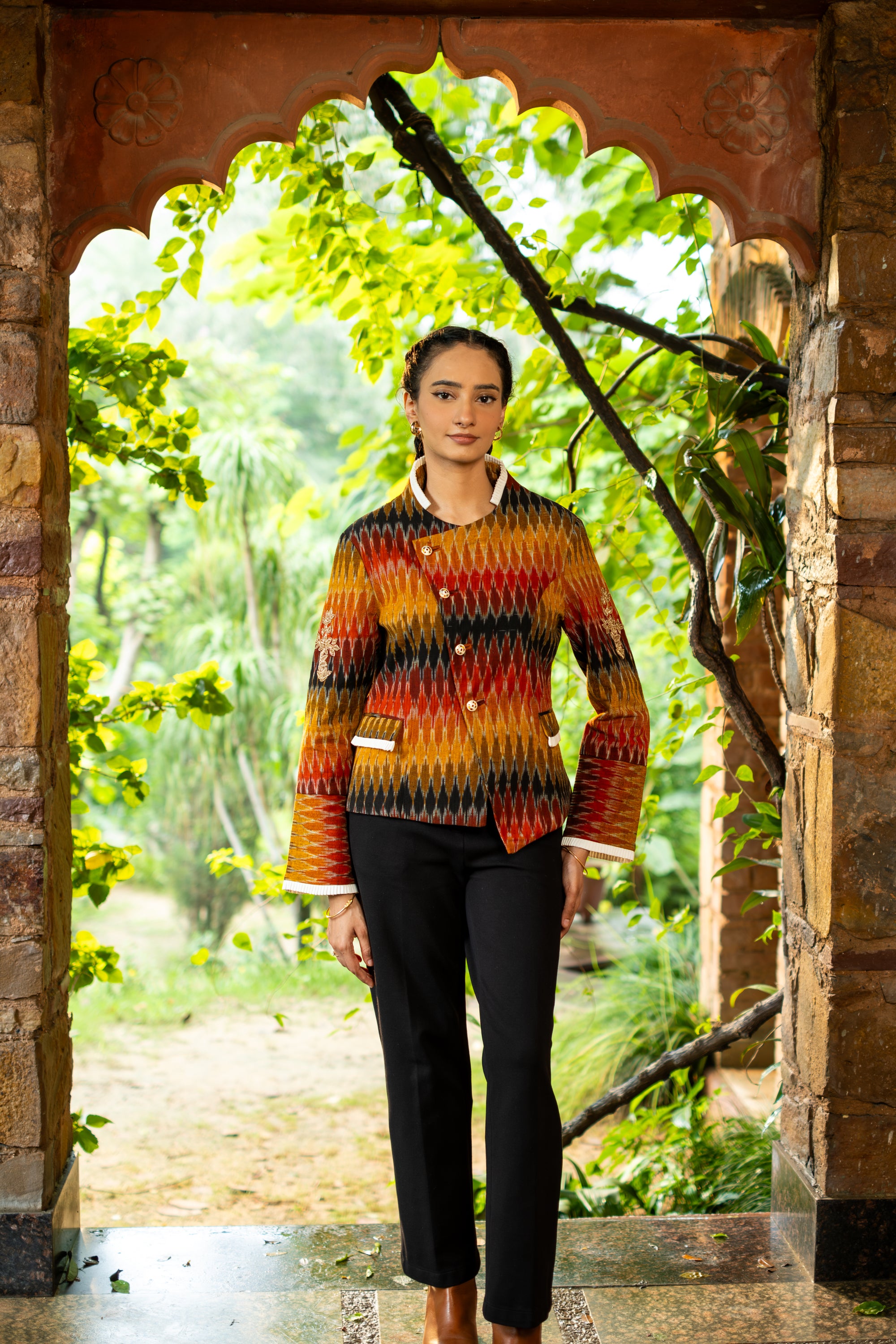 Koel Embroidered Ikat Jacket Black &amp; Orange