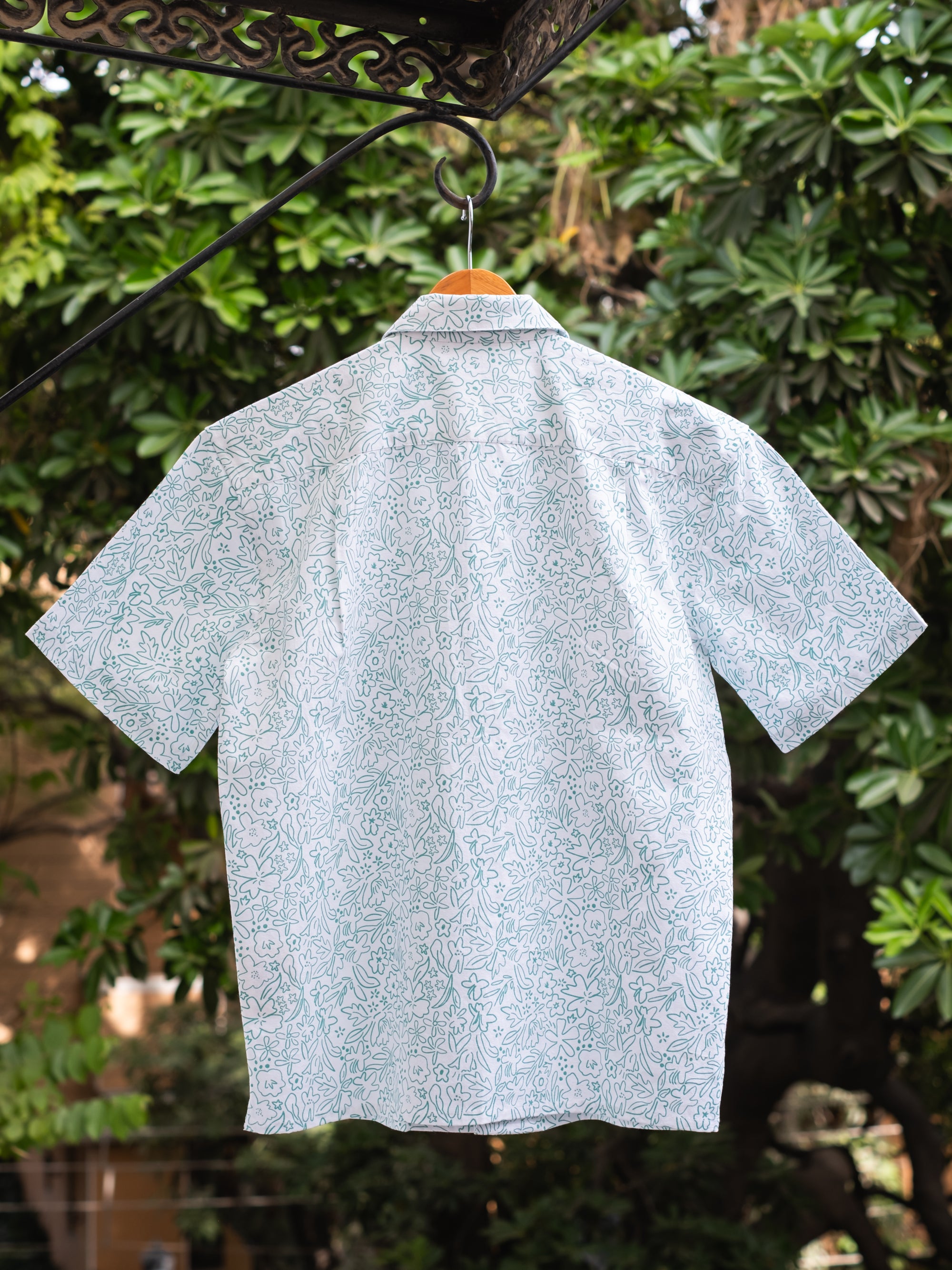 Printed Organic Cotton Bush Shirt ~ Sea Green