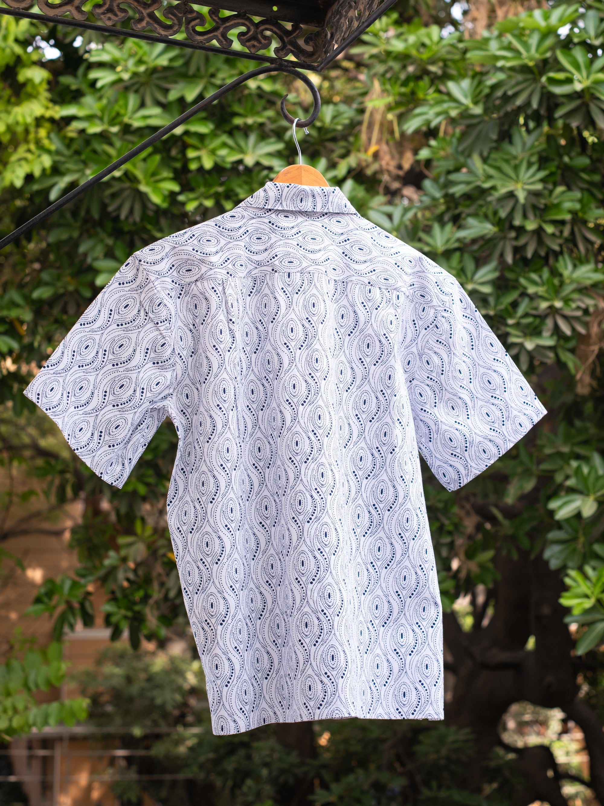 Printed Organic Cotton Bush Shirt ~ Blue Dots