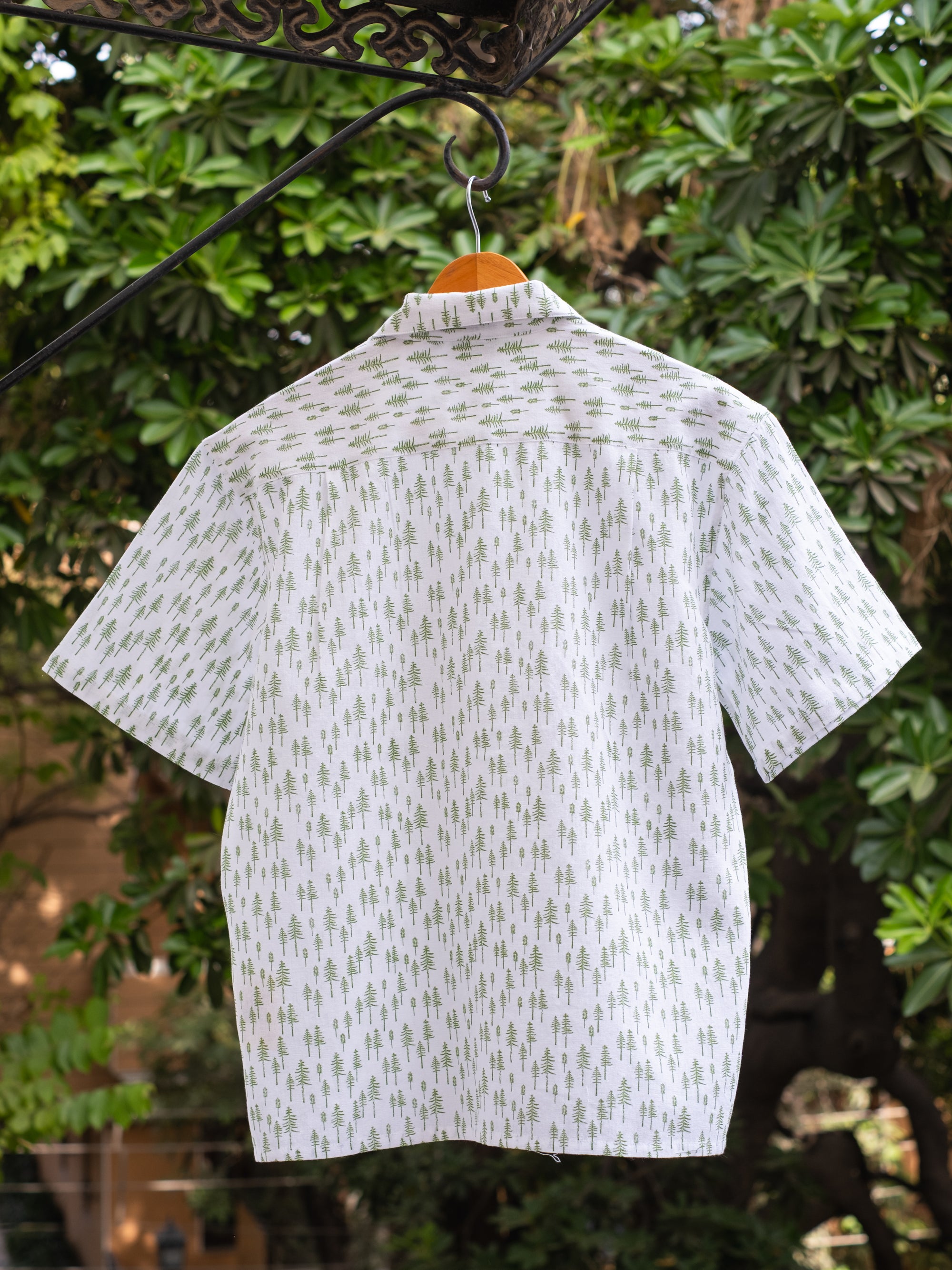 Printed Organic Cotton Bush Shirt ~ Green Tree