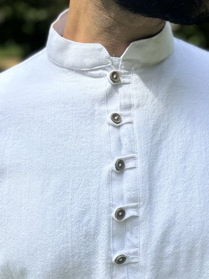 Cotton Mid Placket Shirt With Button Loops ~ White